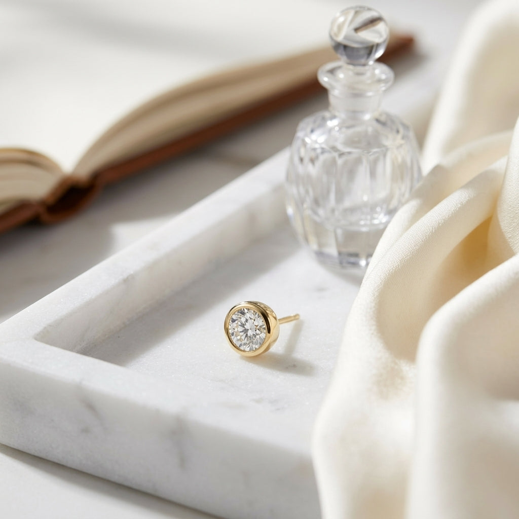 14k Yellow Gold Bezel Set Round Brilliant Diamond Stud Earrings (1 Ct. T.w., Si1-si2 Clarity, H-i Color) — atelier still life