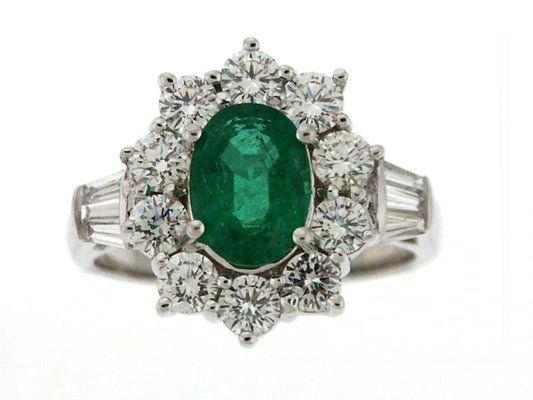 Emerald And Diamond Flower Ring In 18k White Gold