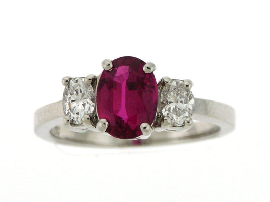 Ruby Oval And Diamond 3 Stone Ring Platinum