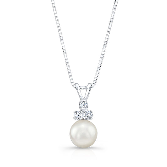 White Pearl And Diamond Pendant With Floral Cluster Top And Pave Tapered Bail In 14k White Gold (8.5-9mm)