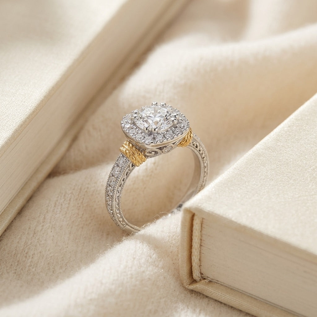 Diamond Engagement Ring In Platinum And 18k Yellow Gold (1-3/8 Ct.tw.) — textile flat lay