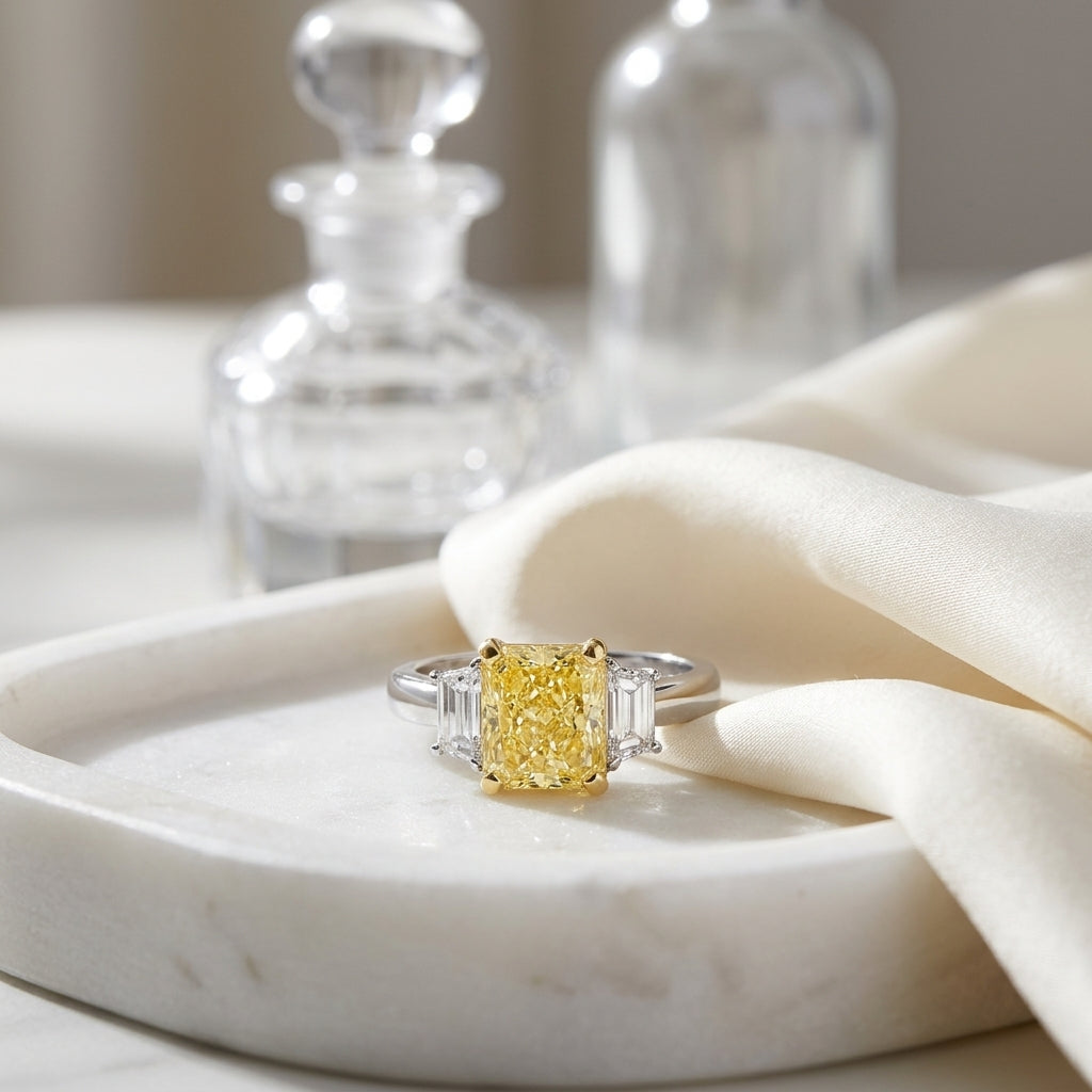 Prong Set Fancy Yellow Gia Certified Radiant Cut Engagement Ring In Platinum — atelier still life