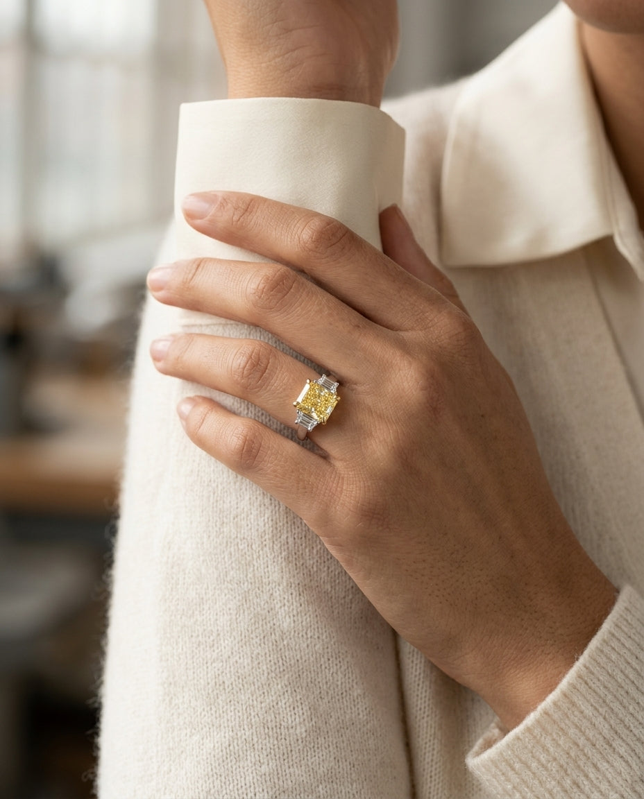Prong Set Fancy Yellow Gia Certified Radiant Cut Engagement Ring In Platinum — editorial close-up