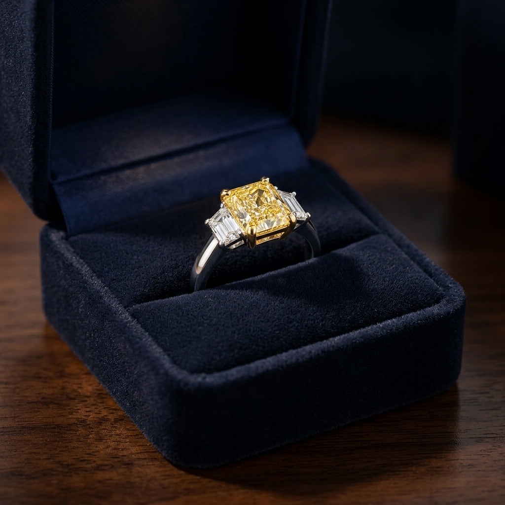 Prong Set Fancy Yellow Gia Certified Radiant Cut Engagement Ring In Platinum — gift presentation