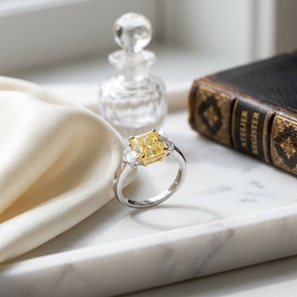 Prong Set Gia Certified Fancy Intense Yellow Diamond Engagement Ring In Platinum — atelier still life