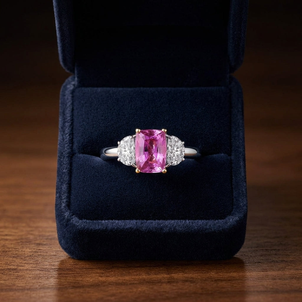 Pink Sapphire And Diamond Ring In Platinum And 18k Yellow Gold — gift presentation