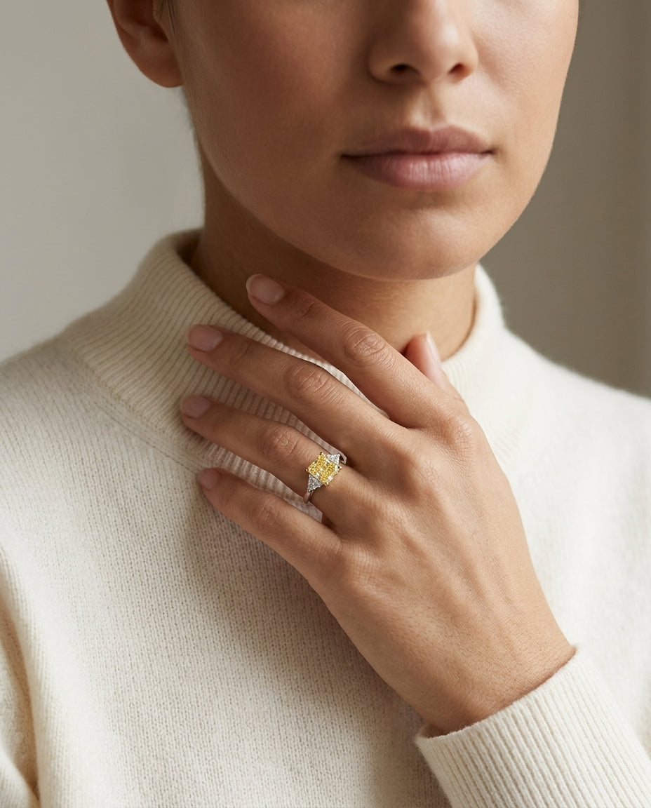 Prong Set Gia Certified Fancy Intense Yellow Diamond Engagement Ring In Platinum — editorial close-up