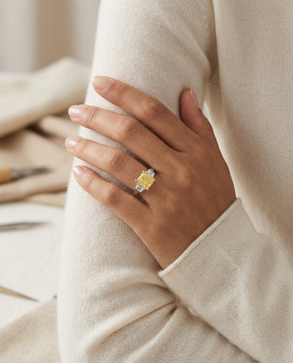 Prong Set Gia Certified Fancy Light Yellow Diamond Engagement Ring In Platinum — editorial close-up