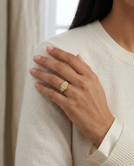 Prong Set Gia Certified Fancy Intense Yellow Diamond Engagement Ring In Platinum — editorial close-up