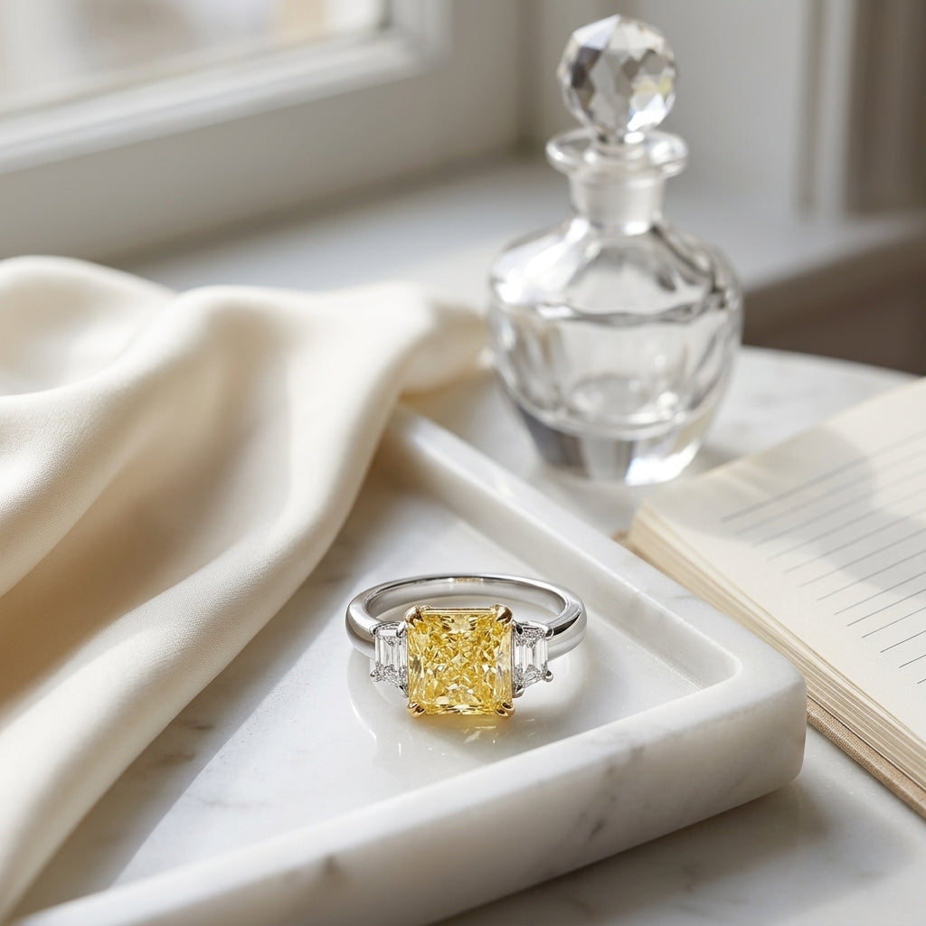 Prong Set Gia Certified Fancy Yellow Diamond Engagement Ring In Platinum — atelier still life