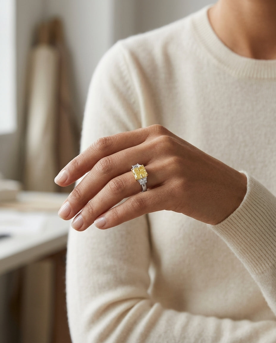 Prong Set Gia Certified Fancy Yellow Diamond Engagement Ring In Platinum — editorial close-up