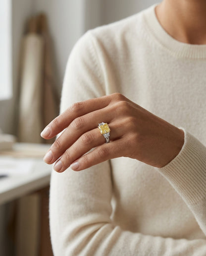 Prong Set Gia Certified Fancy Yellow Diamond Engagement Ring In Platinum — editorial close-up