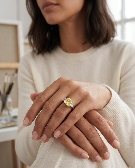 Prong Set Gia Certified Fancy Light Yellow Diamond Engagement Ring In Platinum — editorial close-up