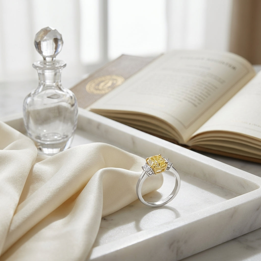Prong Set Gia Certified Fancy Yellow Diamond Engagement Ring In Platinum — atelier still life