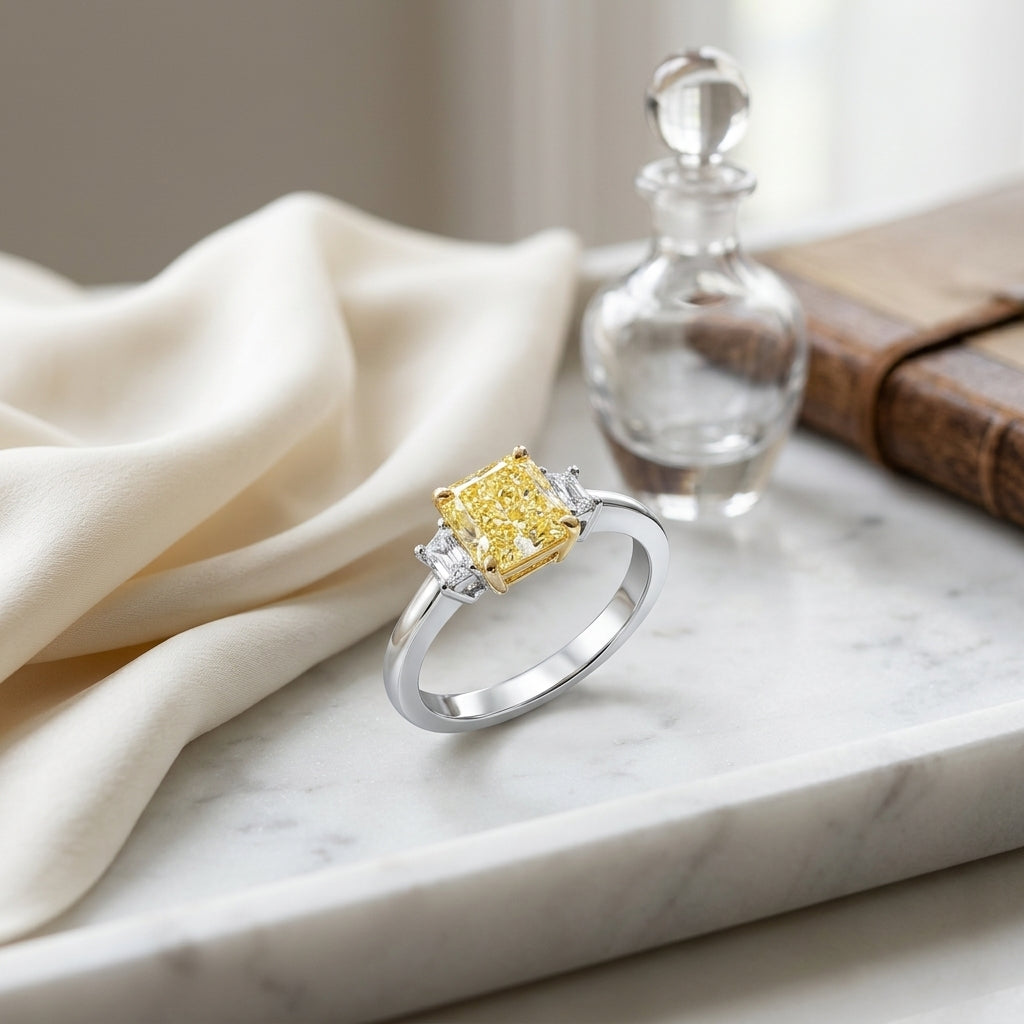 Prong Set Gia Certified Fancy Intense Yellow Diamond Engagement Ring In Platinum — atelier still life
