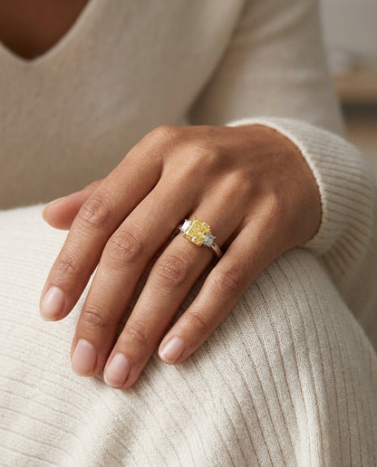 Prong Set Gia Certified Fancy Yellow Diamond Engagement Ring In Platinum — editorial close-up