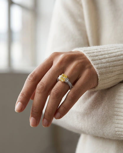 Prong Set Gia Certified Fancy Yellow Diamond Engagement Ring In Platinum — editorial close-up