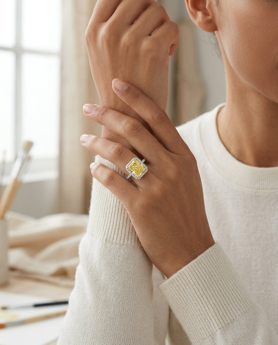 Prong Set Gia Certified Fancy Light Yellow Diamond Engagement Ring In Platinum — editorial close-up