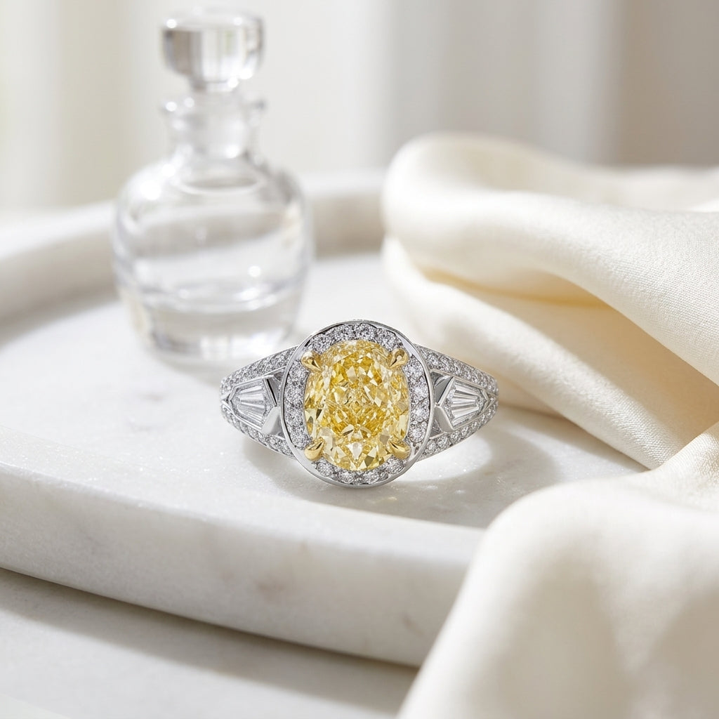 Prong Set Gia Certified Fancy Yellow Diamond Engagement Ring In Platinum — atelier still life