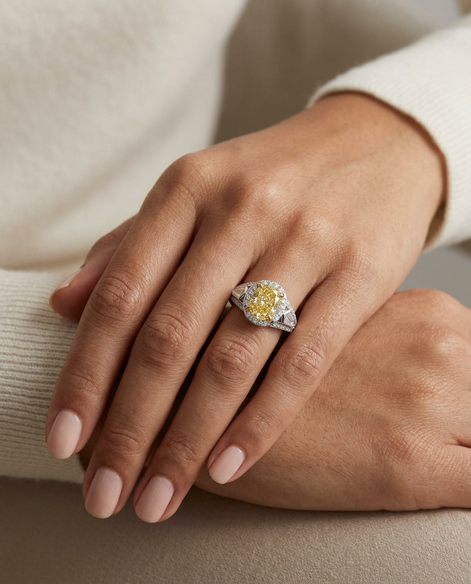 Prong Set Gia Certified Fancy Yellow Diamond Engagement Ring In Platinum — editorial close-up