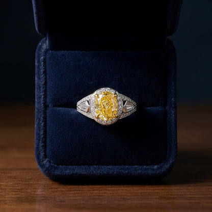 Prong Set Gia Certified Fancy Yellow Diamond Engagement Ring In Platinum — gift presentation