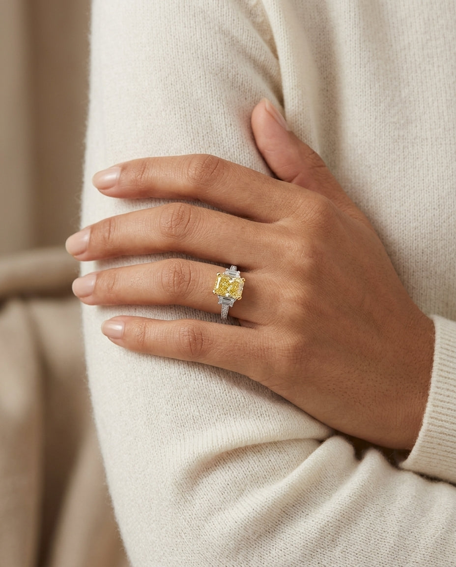 Prong Set Fancy Light Yellow Diamond Engagement Ring In Platinum — editorial close-up