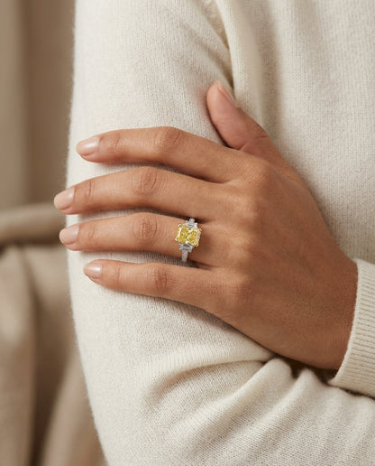 Prong Set Fancy Light Yellow Diamond Engagement Ring In Platinum — editorial close-up