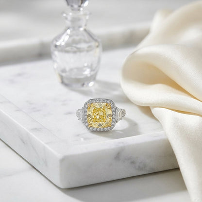 One Of A Kind Rare Gia 5.48 Carat Cushion Cut Fancy Yellow Diamond Halo Engagement Ring In Platinum — atelier still life