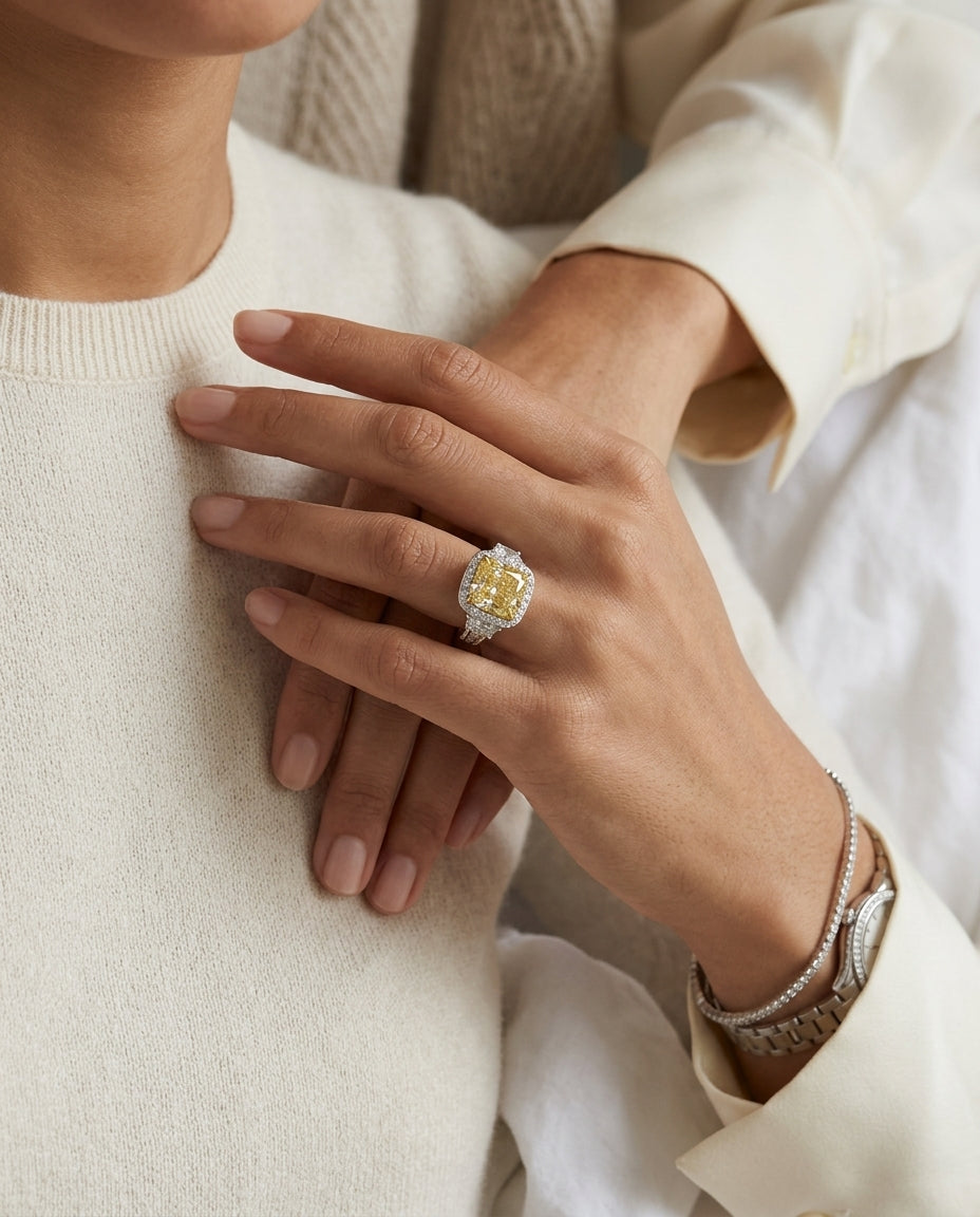 One Of A Kind Rare Gia 5.48 Carat Cushion Cut Fancy Yellow Diamond Halo Engagement Ring In Platinum — editorial close-up