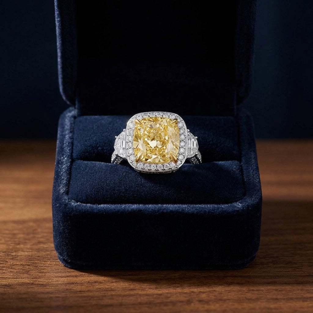 One Of A Kind Rare Gia 5.48 Carat Cushion Cut Fancy Yellow Diamond Halo Engagement Ring In Platinum — gift presentation