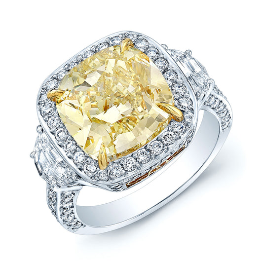 One Of A Kind Rare Gia 5.48 Carat Cushion Cut Fancy Yellow Diamond Halo Engagement Ring In Platinum