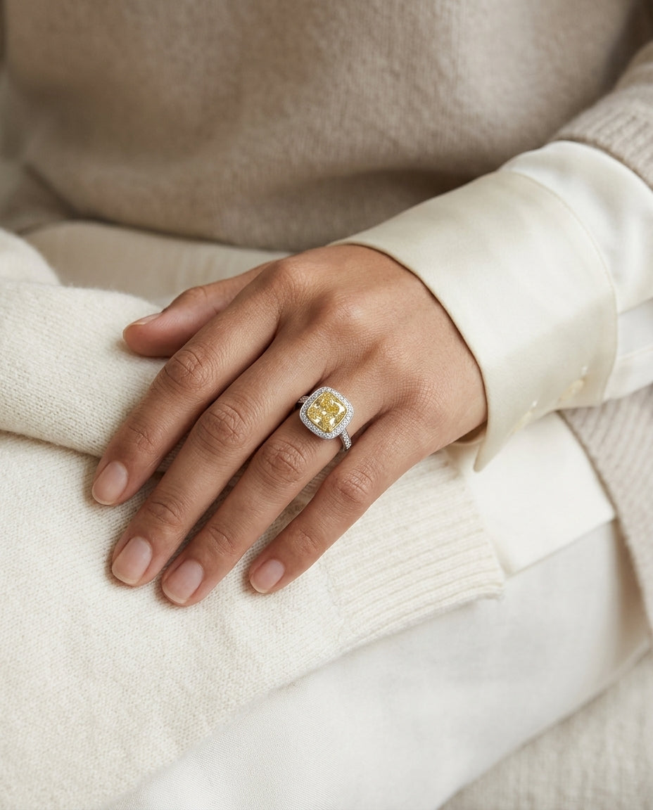Prong Set Fancy Very Light Yellow Diamond Engagement Ring In Platinum — editorial close-up