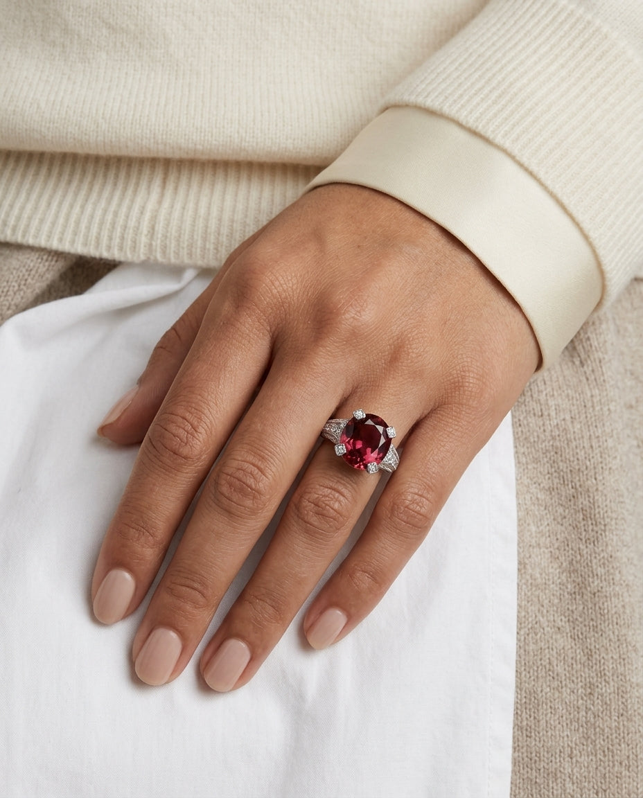 Pink Tourmaline Oval And Diamond Pave Ring In Platinum (1 1/8 Ct. Tw.) — editorial close-up