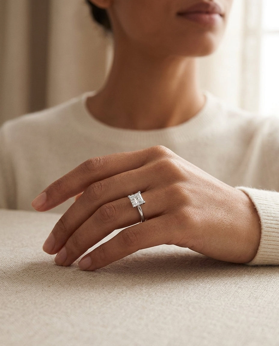 Cubic Zirconia Princess Cut Solitaire In Platinum — editorial close-up
