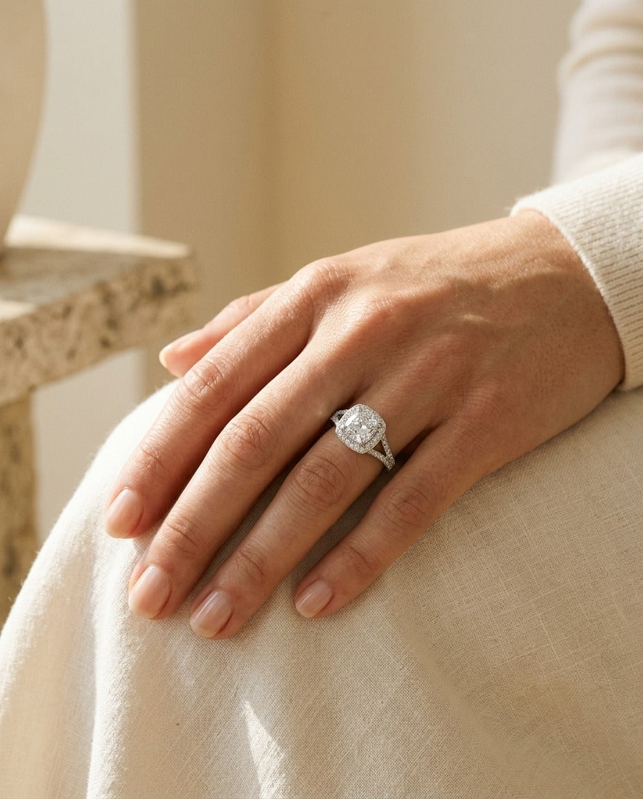 Diamond Cushion Halo Platinum Split Shank Engagement Ring With CZ Center — portrait close