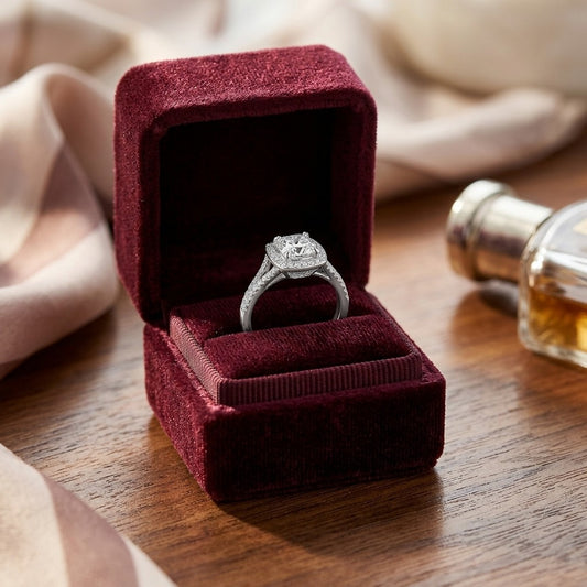 Diamond Cushion Halo Platinum Split Shank Engagement Ring With CZ Center — velvet box