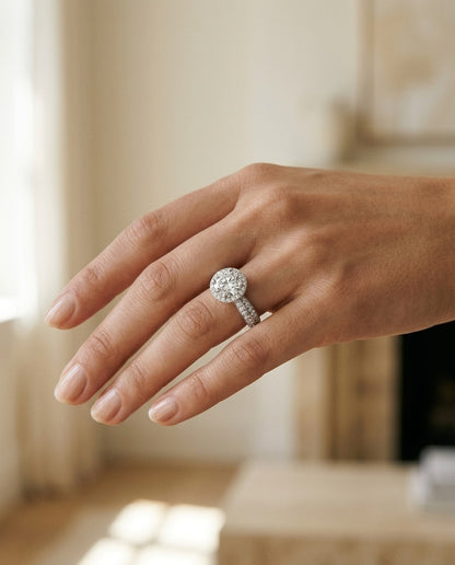 Round Diamond Halo Platinum Engagement Ring With Round CZ Center — portrait close
