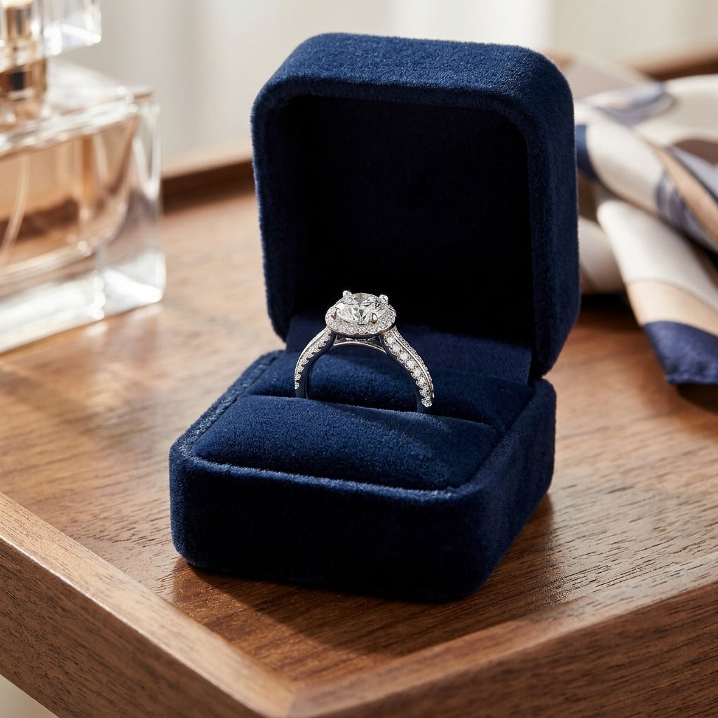 Round Diamond Halo Platinum Engagement Ring With Round CZ Center — velvet box