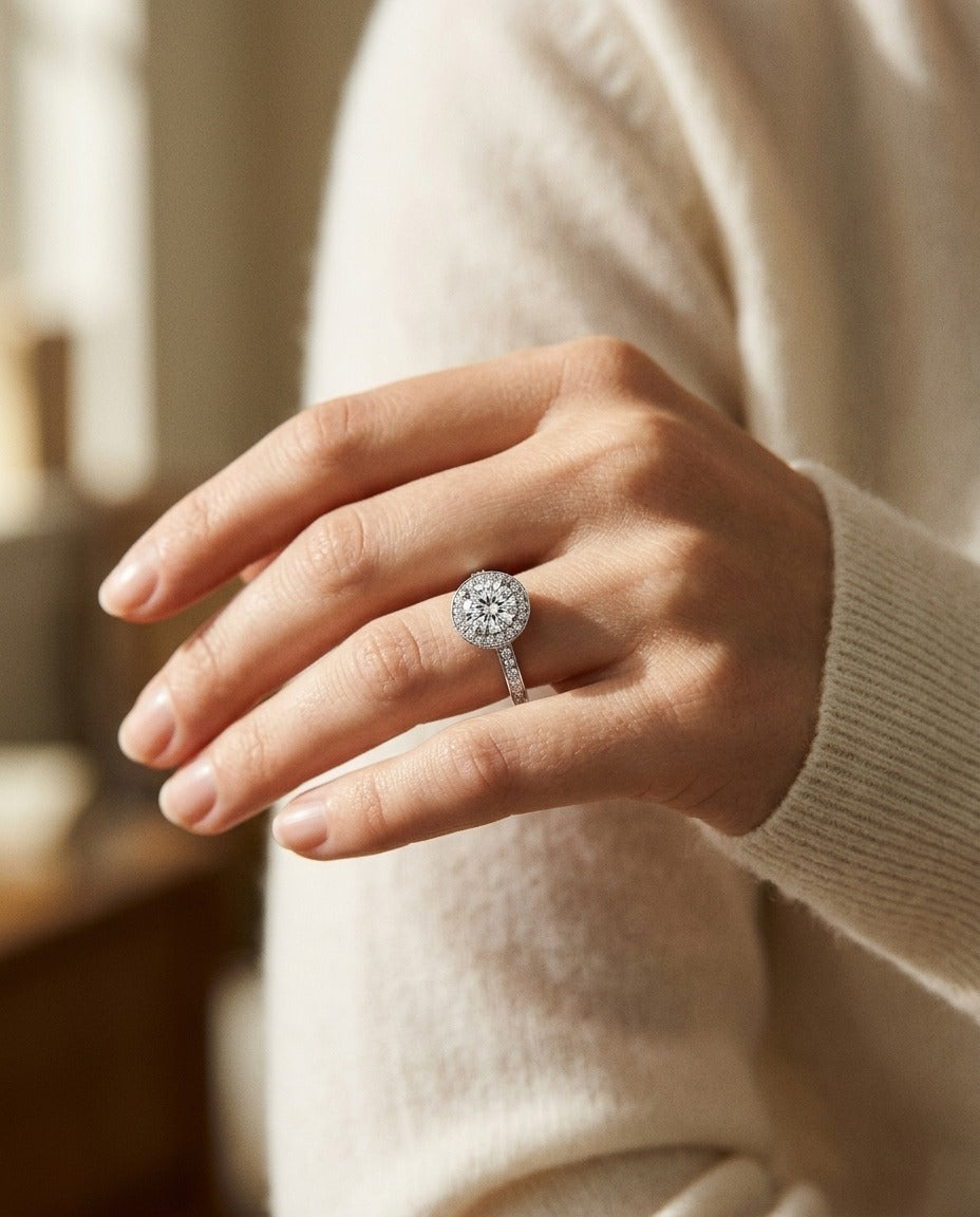 Round Diamond Halo Platinum Engagement Ring With CZ Center — portrait close