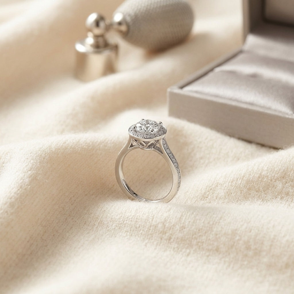 Round Diamond Halo Platinum Engagement Ring With CZ Center — textile flat lay