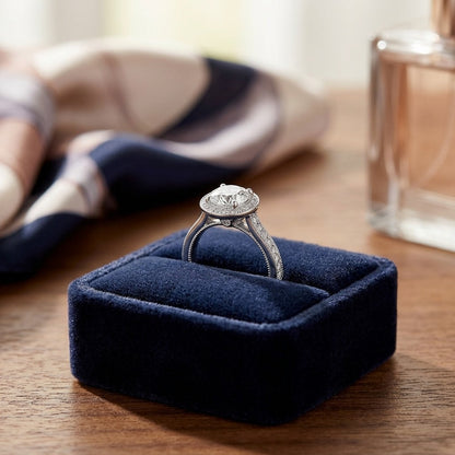 Round Diamond Halo Platinum Engagement Ring With CZ Center — velvet box