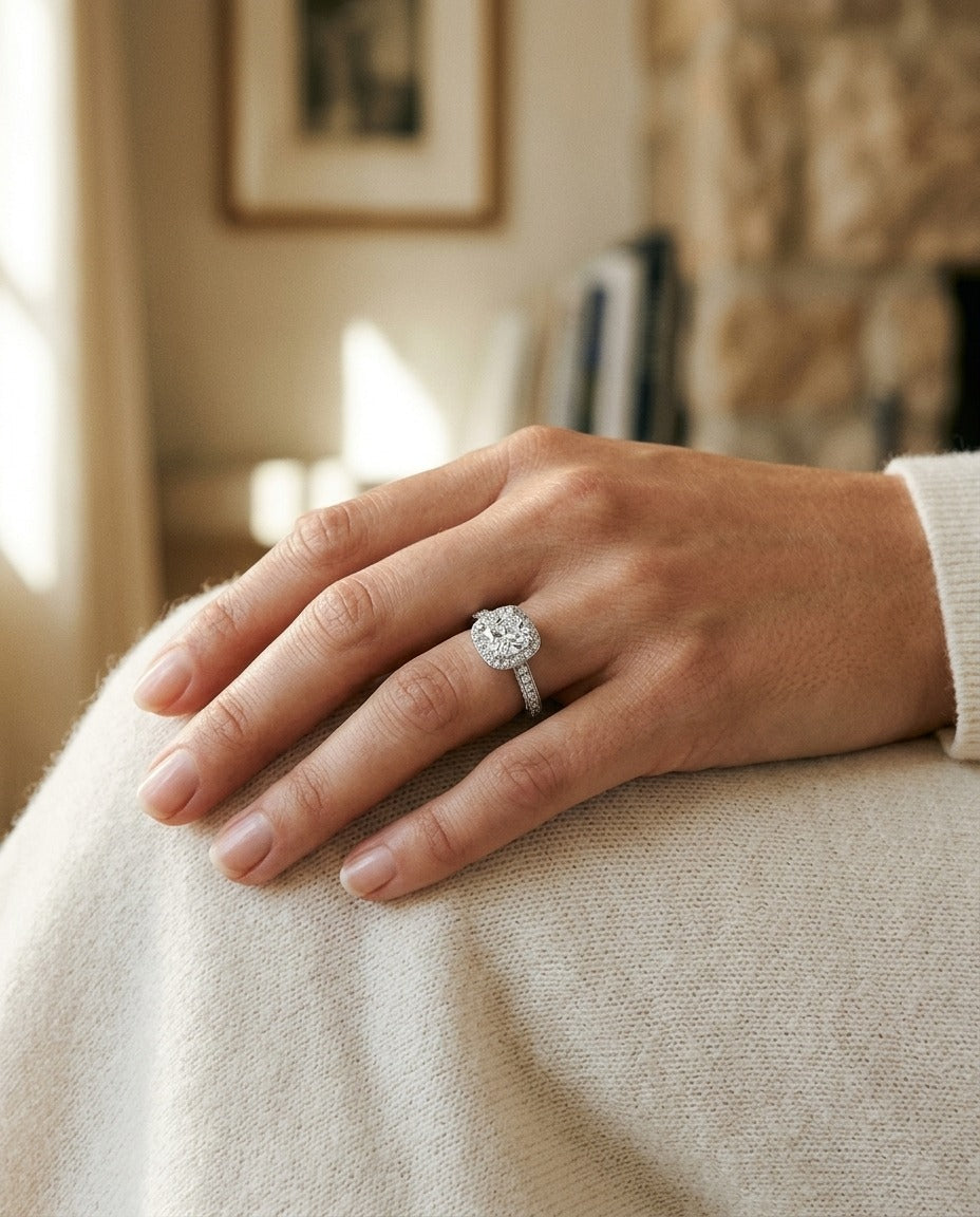 Diamond Cushion Halo Ring in Pt950 — portrait close