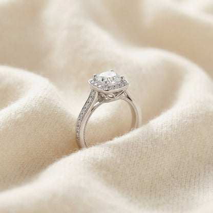 Diamond Cushion Halo Ring in Pt950 — textile flat lay