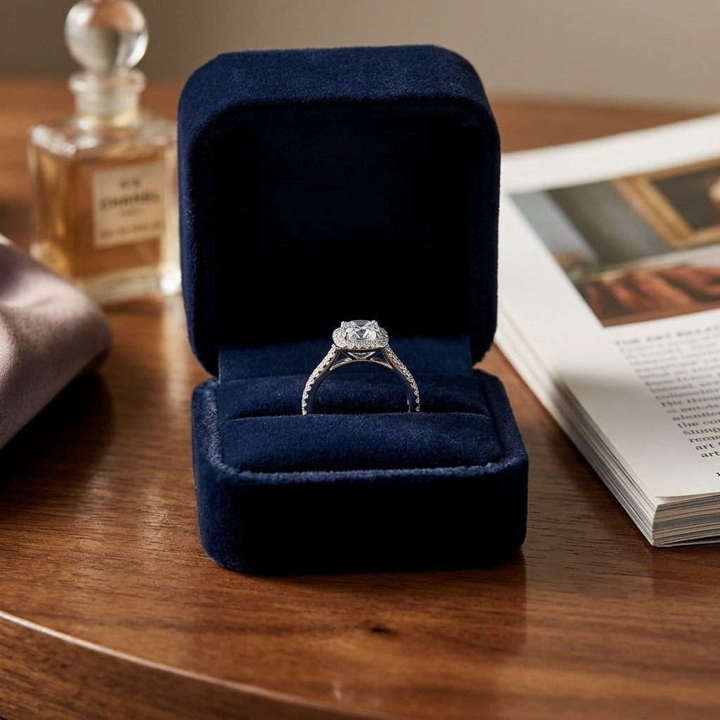 Diamond Cushion Halo Ring in Pt950 — velvet box