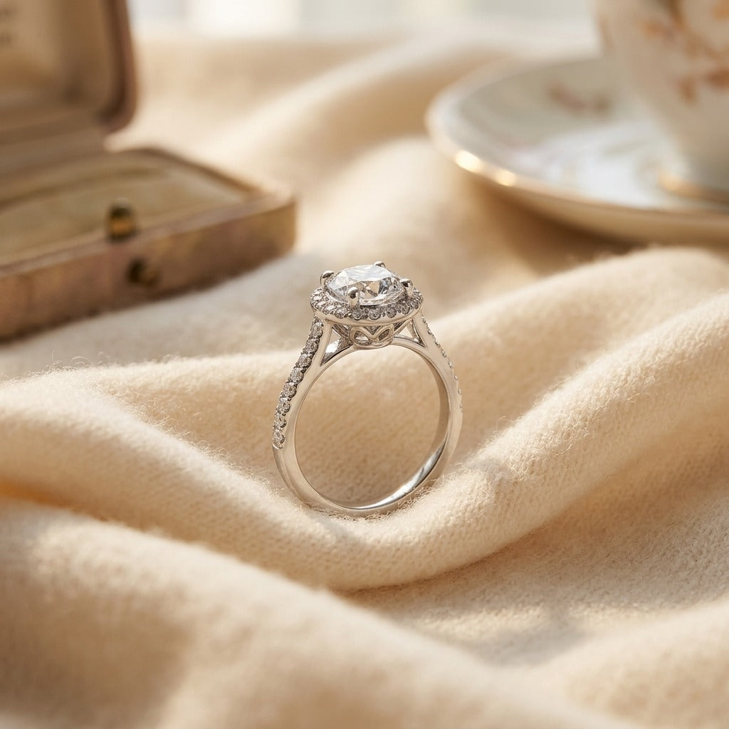 Diamond Engagement Semi Mount Ring 3/4 Ctw 4 Prong Head with Cz Center in Platinum (1/3 Ct.tw.) — textile flat lay