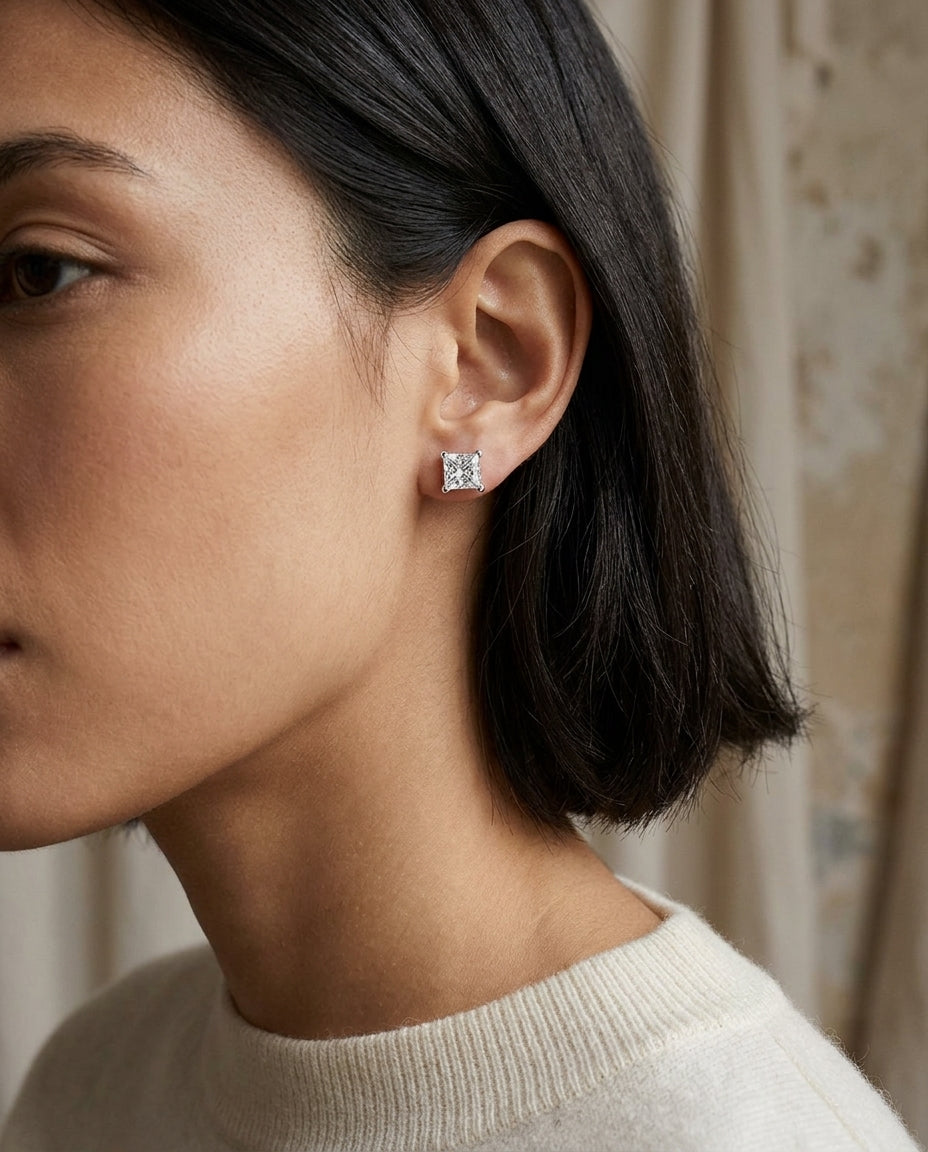 Princess Cut Diamond Studs Pt950 — editorial close-up