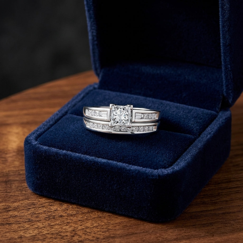 Diamond Princess/baguette/round Wedding Set In Platinum 950 — gift presentation