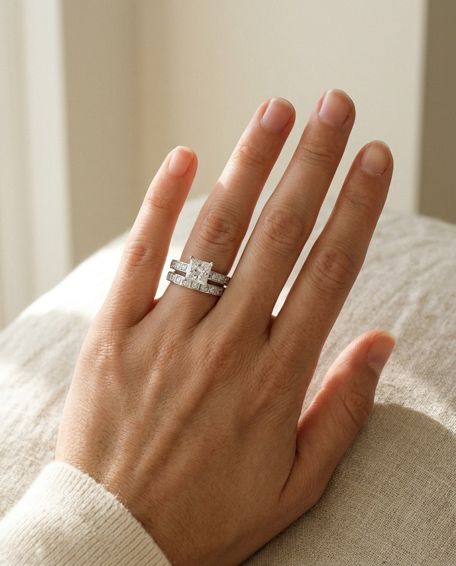 Diamond Princess Wedding Set Semi-Mounting in Platinum 1.00ct Princess Cut Head with 0.45ctw Size 7 — portrait close