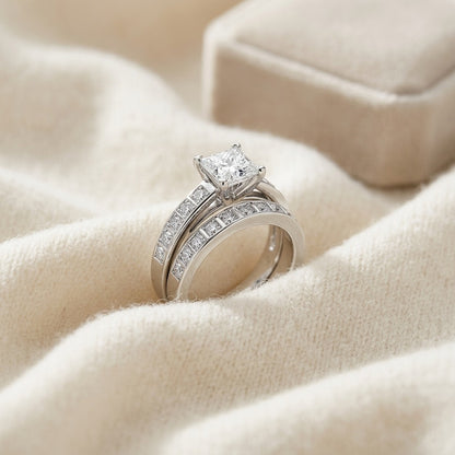 Diamond Princess Wedding Set Semi-Mounting in Platinum 1.00ct Princess Cut Head with 0.45ctw Size 7 — textile flat lay