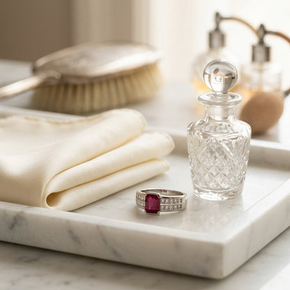 Emerald-Cut Ruby Center and Princess Cut Channel Set Diamond Shank in Platinum — marble silk